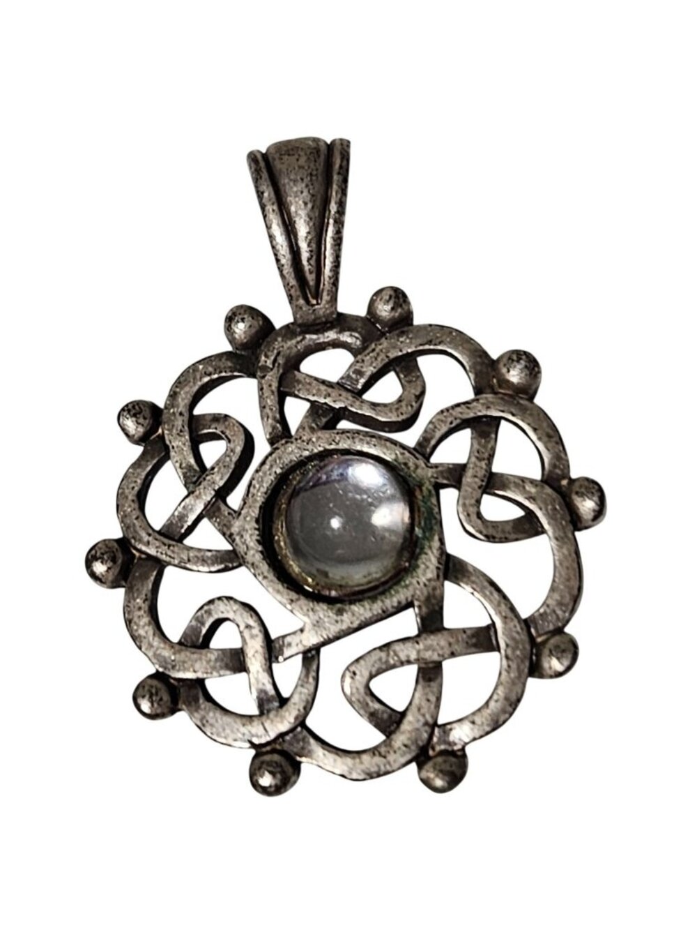 Vintage Celtic Knot Pendant Ornate Silver Tone Clear Gemstone Center Jewelry DIY